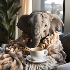 Keuken spatwand met foto A Elephant taking bed coffee - a fantasy concept - shot of a cute elephant in bed drinking coffee, concept of Cute animal and beverage consumption - Ai © Impress Designers