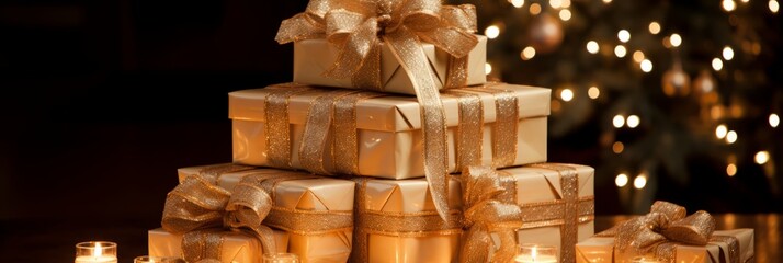 A wide-format abstract background image for creative content, presenting Christmas presents with golden ribbons, set against the backdrop of a Christmas tree. Photorealistic illustration