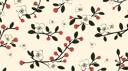 Charming Elegance in Simplicity: Delicate Floral Pattern with Red Berries on a Neutral Background