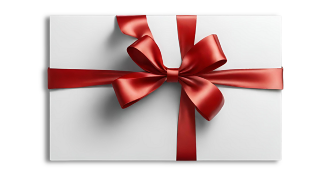 Blank white gift voucher with red ribbon bow or empty gift signboard isolated on grey background with shadow minimal conceptual