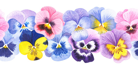 Pansies seamless Border. Watercolor illustration of summer Flower. Hand drawn violet on isolated background. Drawing of colorful floral pattern. Painting of viola frame