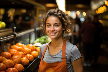 Smiling young woman in an apron standing at a market stall filled with fresh oranges and produce.