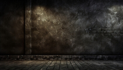 Grunge background with space for text, abstract dark texture, old street wall and light stains and scratches