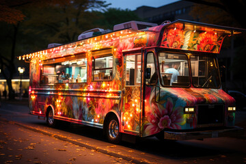 A vibrant food truck with colorful lights serving delicious street food in an urban park setting at night.