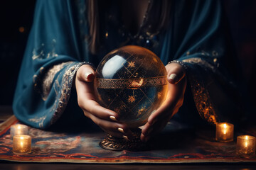 Fortune telling, witchcraft, mysticism and extrasensory perception concept. Close-up of a fortune teller's hand holding a clairvoyance ball - obrazy, fototapety, plakaty