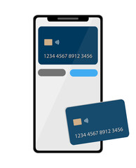 Smartphone and credit card, contactless payment. Concept of payment by mobile phone, online shopping, online banking. Design template, mock-up, NFC device. Vector illustration, isolated on white.