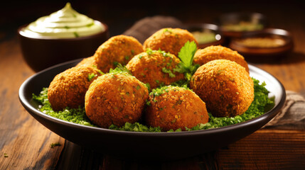 Falafel: Deep-fried balls or patties made from ground chickpeas or fava beans, often served in pita bread - obrazy, fototapety, plakaty