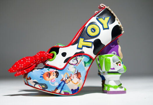 kent, uk 01.01.2023 Irregular Choice Toy Story, You got a friend In me,  Character high Heel Shoes. Famous iconic pixar toy story animation movie merchandise. Buzz light year and woody.
