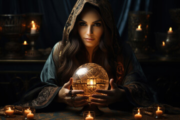 Witchcraft, astrology, supernatural concept. Portrait of a gypsy fortune teller holding a sphere of clairvoyance and looking at the camera