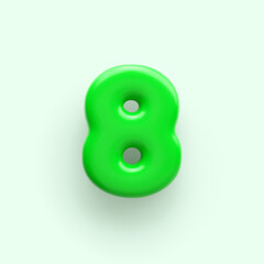 3D Green number 8 with a glossy surface on a light background .