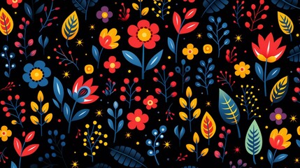 Colorful Botanical Celebration: Vibrant Flowers and Leaves on a Dark Starry Background Design
