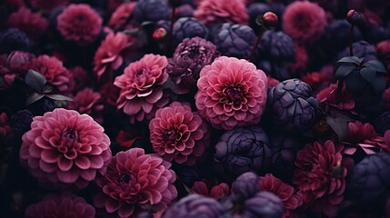 Deep Crimson and Blush Dahlias Blooming in a Lush, Mysterious Midnight Garden Dream