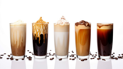 Four different glasses latte macchiato with some coffee beans, latte art, chocolate sauce, coffee splashes, isolated on a white background.
