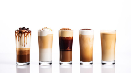 Four different glasses latte macchiato with some coffee beans, latte art, chocolate sauce, coffee...