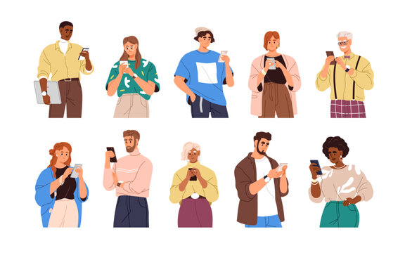 Characters with mobile smart phones set. People holding smartphones. Men, women using cell devices, cellphones in hands, reading, surfing online. Flat vector illustrations isolated on white background