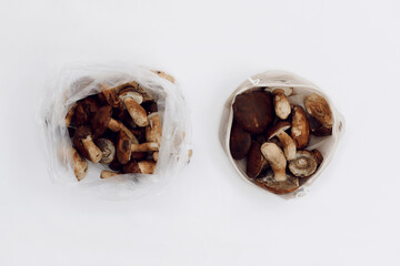 Polish mushroom from local market in reusable shopping bag over light background. Copy space. Top view. Organic food, edible fresh picked. Plastic Pollution, Ethical Consumerism concept