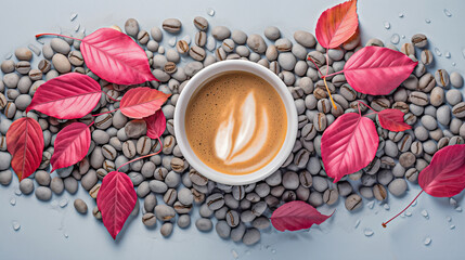 Light blue cup of cappuccino from above with latte art, dried pink leaves and grasses, on a slate stone, coffee beans, isolated on a white background.