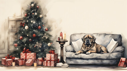 English mastiff sleeping livingroom, Christmas style, watercolor