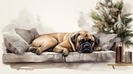 English mastiff sleeping livingroom, Christmas style, watercolor
