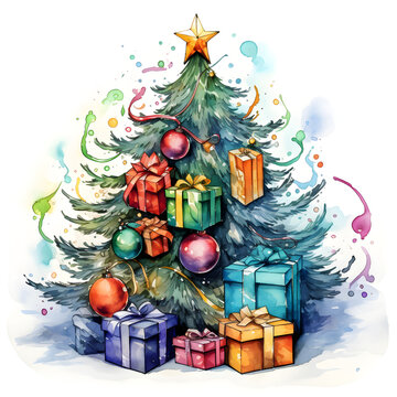 Christmas tree, watercolor painting