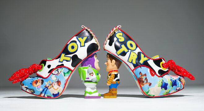 kent, uk 01.01.2023 Irregular Choice Toy Story, You got a friend In me,  Character high Heel Shoes. Famous iconic pixar toy story animation movie merchandise. Buzz light year and woody.