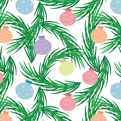 Colorful festive retro  backgrounf with green branches and colorful baubles ornaments