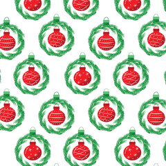 Festive Christmas New Year seamless pattern with red baubles and green spruce wreath isolated vector illustration.
