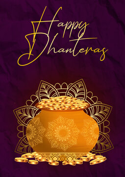 decorative happy dhanteras religious background pray for wealth and prosperity . Translation: Happy Dhanteras, dhan means wealth teras means thirteen