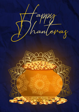 decorative happy dhanteras religious background pray for wealth and prosperity . Translation: Happy Dhanteras, dhan means wealth teras means thirteen