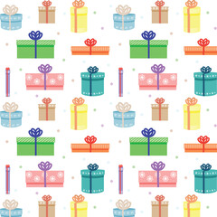 Colorful gift boxes seamless pattern wallpaper with riboons and confetti