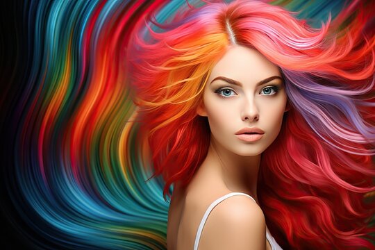 hair dyed colorful girl model fashion Beauty woman colours colourful palette stripes long make-up background gradient coiffure paint tint high-coloured bright red green yellow blue purple violet