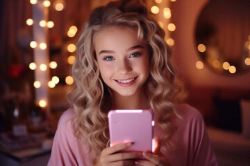 Influencer. happy teen girl use selfie led. kid beauty blogger. childhood happiness. cheerful child do makeup. vlogger with cosmetics. video blog on smartphone. blogging light lamp. weblog and vlog