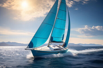 Sailing yacht race. Yachting. Boat with big blue spinnaker sail