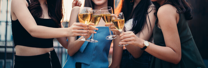 Background girls gathering and toasting glasses of wine at the party. Group of people enjoy talking...