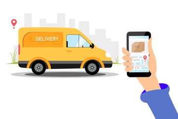 Delivery service concept. The courier carries food, goods to the address. Character hand holding smartphone with location. illustration.