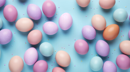 Colorful easter eggs on pastel blue background, top view