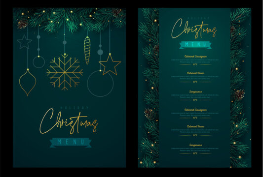 Restaurant Christmas holiday menu design with christmas floral garland on emerald background. Vector illustration