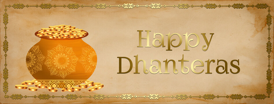 decorative happy dhanteras religious background pray for wealth and prosperity . Translation: Happy Dhanteras, dhan means wealth teras means thirteen