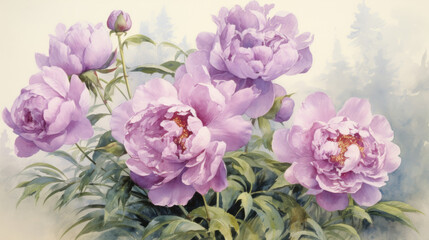 Purple peonies painted in watercolor. Illustration of  Beautiful flowers in sunlight. 