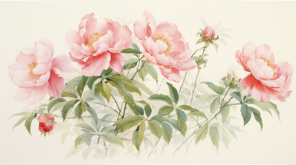 Obraz na płótnie Canvas Light pink peonies painted in watercolor. Illustration of Beautiful flowers in sunlight. 