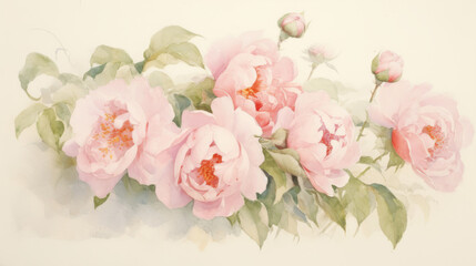 Light pink peonies painted in watercolor. Illustration of  Beautiful flowers in sunlight. 
