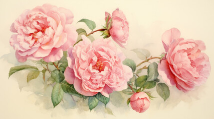 Light pink peonies painted in watercolor. Illustration of  Beautiful flowers in sunlight. 