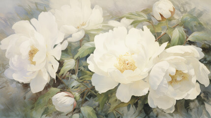 Obraz na płótnie Canvas White peonies painted in watercolor. Illustration of Beautiful flowers in sunlight. 