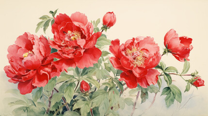 Red peonies painted in watercolor. Illustration of  Beautiful flowers in sunlight. 