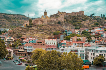Narikala is a former fortress overlooking the Georgian capital Tbilisi and the Mtkvari (Kura) River. Upper Betlemi Church and the magnificent view of Tbilisi city. © enderbayindir