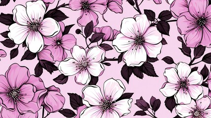 Hand-Drawn Illustration of White and Pink Flowers on a Soft Pink Background