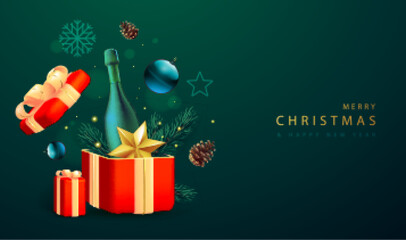 Merry Christmas holiday poster with 3D champagne bottle, Christmas tree branch, pine cone, star and gift box. Vector illustration