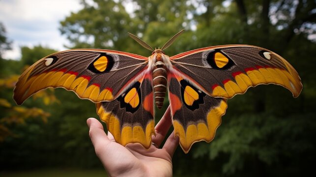 Bright colored giant silk moth - Regal Moth, Citheronia regalis, one of the largest butterflies or moths (Lepidoptera) of North America with wings wide open on hand