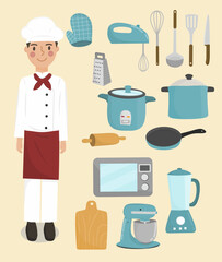 Chef and kitchen equipment illustration , cooking utensils 