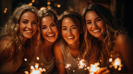 Obraz premium Group of friends celebrating New Year's with sparklers